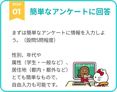 まずは簡単なアンケートに情報を入力しよう。（設問５問程度） 性別、年代や属性（学生・一般など）、居住地お（都内・都外など）とても簡単なもので、自由入力も可能です。